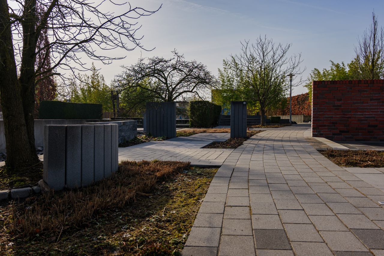 Peaceful cemetery walkway with trees and modern design in Coesfeld, Germany.